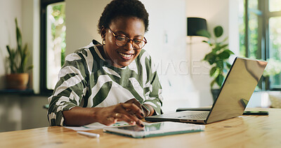 Buy stock photo Smile, black woman or typing on tablet at house for accounting, finance report or review budget. Female person, audit or technology with financial results, statistics document or expenses information
