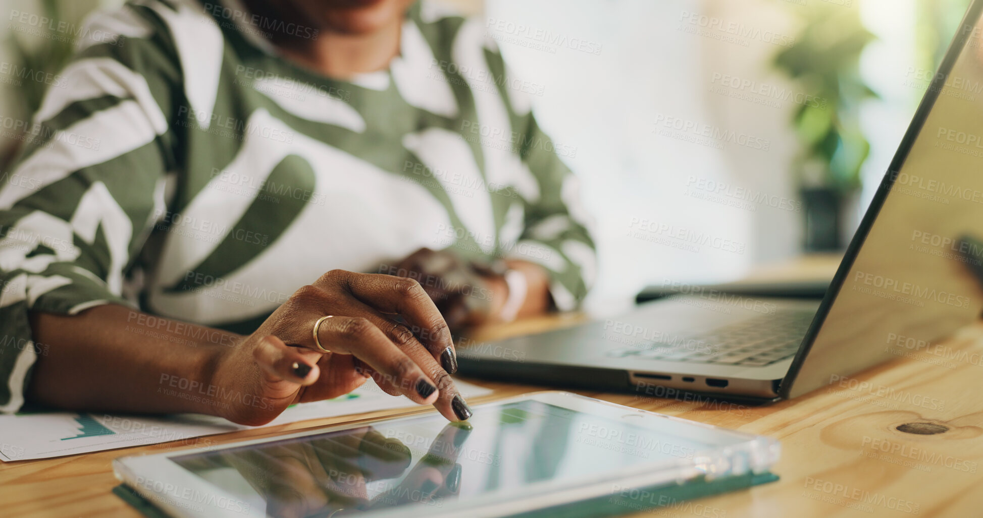 Buy stock photo Hands, woman and graphs on tablet for accounting, finance report and review budget. Female person, audit and digital screen with financial results, online statistics and expenses information at house