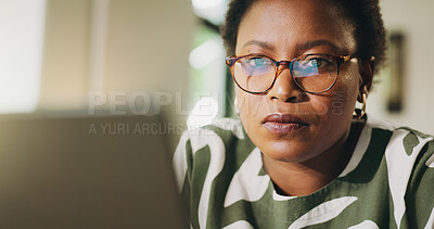 Buy stock photo Home, freelancer and woman with glasses, laptop and creative for article on website and copywriting. Remote work, copywriter or black person with eyewear for project, tech or email marketing in house