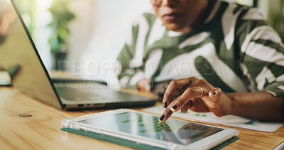 Hands, woman and graphs on tablet at house for accounting, finance report and review budget. Female person, audit and digital screen with financial results, online statistics and expenses information