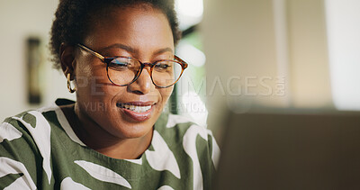 Buy stock photo Happy, woman and financial report with laptop, home or review of website, accountant or remote work. Freelancer, smile and black person with tech for bookkeeping, read and typing of info in house