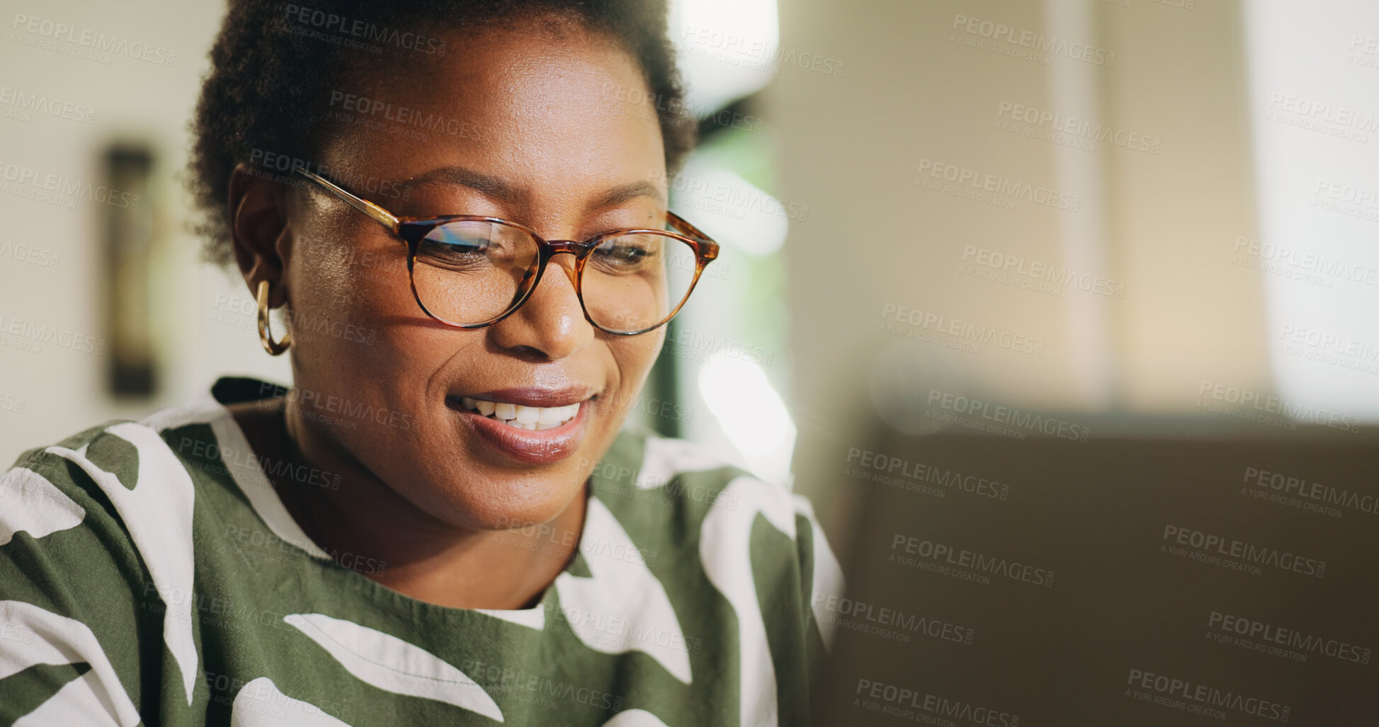 Buy stock photo Happy, woman and financial report with laptop, home or review of website, accountant or remote work. Freelancer, smile and black person with tech for bookkeeping, read and typing of info in house