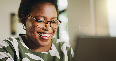 Buy stock photo Happy, woman and online with laptop, home and review of financial report on website and remote work. Freelancer, smile and black person with tech for bookkeeping, read and typing of info in house