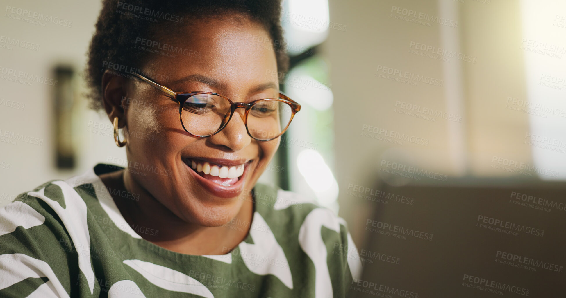 Buy stock photo Happy, woman and online with laptop, home and review of financial report on website and remote work. Freelancer, smile and black person with tech for bookkeeping, read and typing of info in house