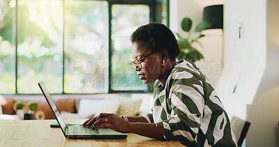 Buy stock photo Home, copywriting and woman with laptop and creative for article on website, typing and remote work. Freelancer, copywriter and black person with tech for project, digital or email marketing in house