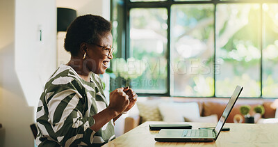 Buy stock photo Finance, black woman and success with laptop in home for loan approval, debt free and savings. Excited, person and celebration in apartment for financial planning, tax return and investment feedback