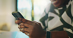 Home, hands and woman with cellphone, typing and social media with communication. Closeup, apartment and person with smartphone, digital watch and email with connection, app and message to contact