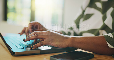 Buy stock photo Web designer, typing and hands on laptop in startup with review, project update and software. Business website, online or creative worker with technology for editing homepage, research and feedback