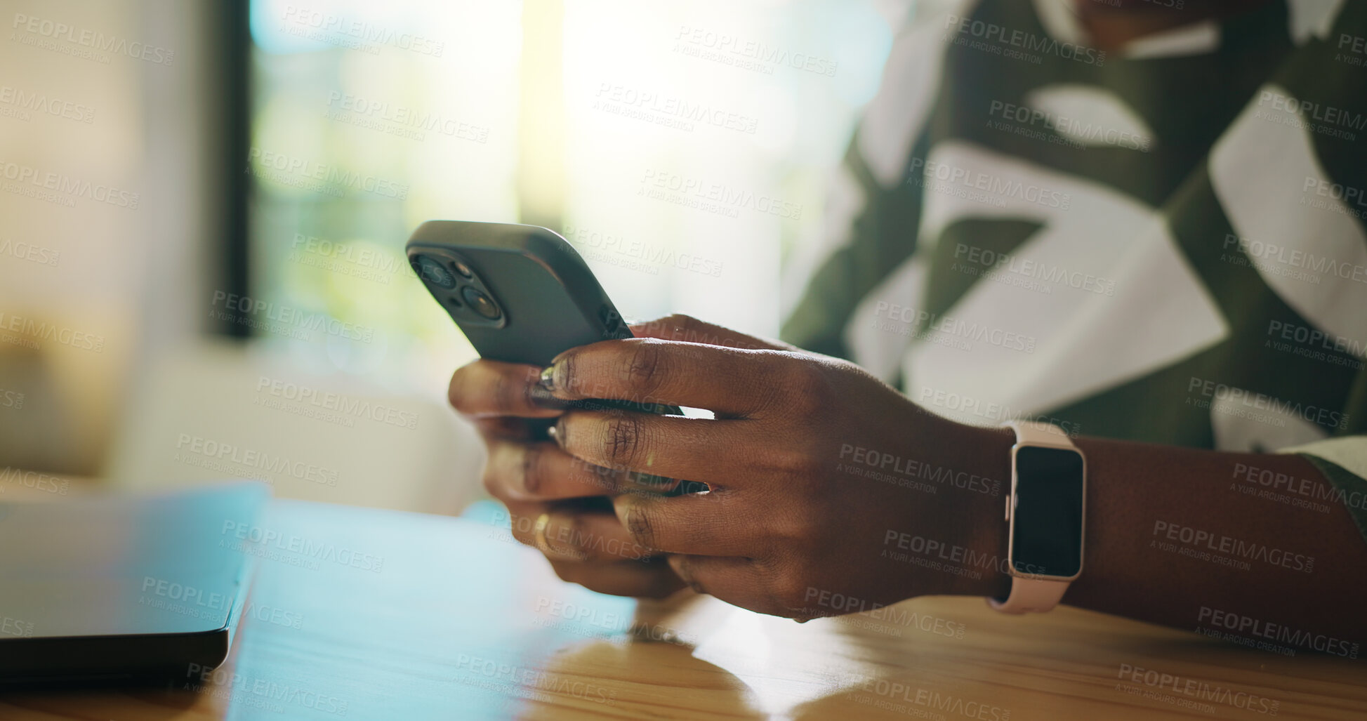 Buy stock photo Home, hands and woman with smartphone, typing and social media with communication. Closeup, apartment and person with cellphone, mobile user and email with connection and message to contact and app