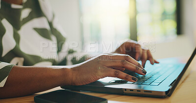 Buy stock photo Web designer, typing and hands on laptop in office with review, project update and startup. Business website, online or creative worker with technology for editing homepage, research and feedback