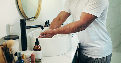 Buy stock photo Bathroom, man and washing hands with water for cleaning skin, germ prevention and hygiene. Tap, rinse and person in home for disinfection, bacteria and virus removal for health with morning routine