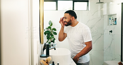 Buy stock photo Mirror, skincare and smile with man in bathroom for beauty, grooming and cosmetics. Morning routine, dermatology progress and facial benefits with person in home for glow, treatment and hydration