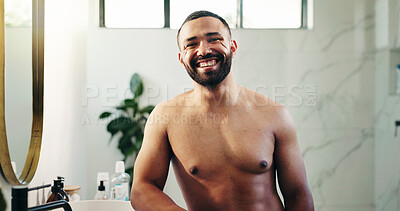 Buy stock photo Happy, bathroom and portrait of man with smile for skincare, wellness and facial hygiene. Home, morning routine or topless person with confidence for grooming, maintenance or cosmetics in house