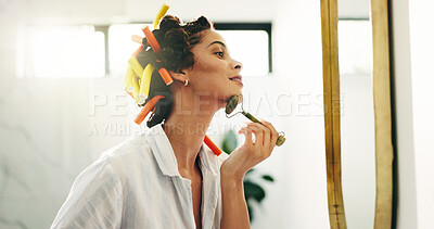 Buy stock photo Home, skincare or woman with jade roller in mirror for grooming, lymphatic drainage or self care. Morning routine, girl or cosmetics tool in bathroom for anti aging, natural beauty and getting ready