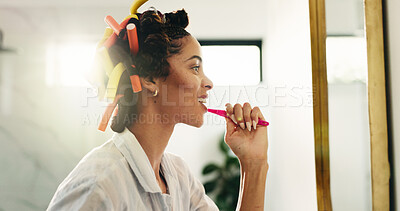 Buy stock photo Bathroom, brushing teeth and happy woman with mirror for dental wellness, oral hygiene or self care. Cleaning tooth, reflection and person with toothbrush in home for morning routine or gum health