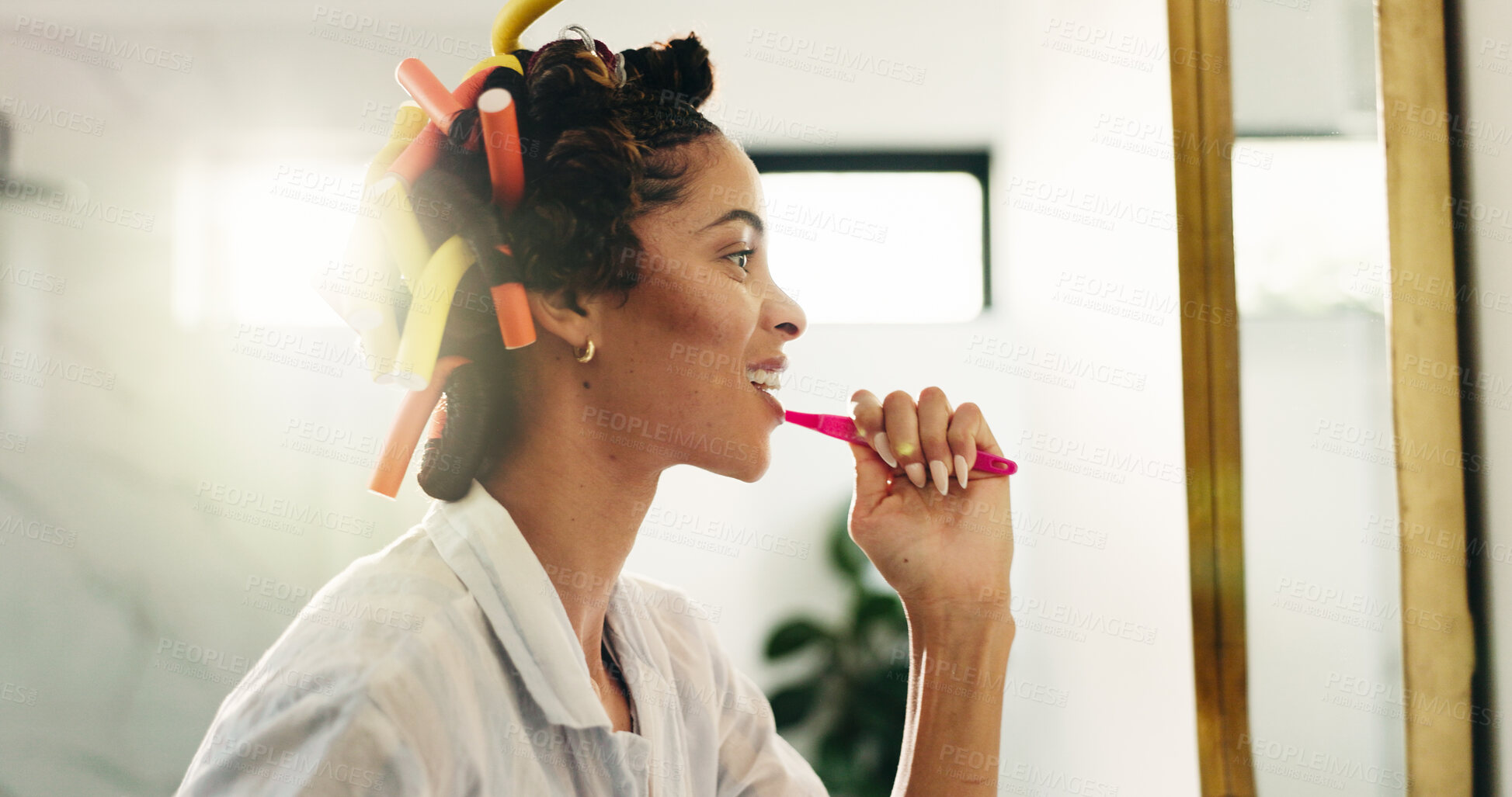 Buy stock photo Bathroom, brushing teeth and happy woman with mirror for dental wellness, oral hygiene or self care. Cleaning tooth, reflection and person with toothbrush in home for morning routine or gum health