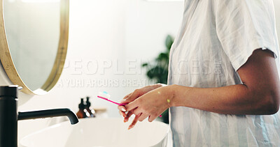 Buy stock photo Bathroom, hands and woman with toothbrush for dental health, oral hygiene or self care. Toothpaste, home and cleaning teeth for gum wellness, gingivitis prevention or morning routine for fresh breath