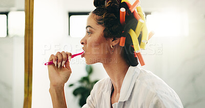 Buy stock photo Bathroom, brushing teeth and woman with mirror for oral hygiene, dental wellness or self care. Cleaning, reflection and person with toothbrush in home for morning routine, gum health or fresh breath
