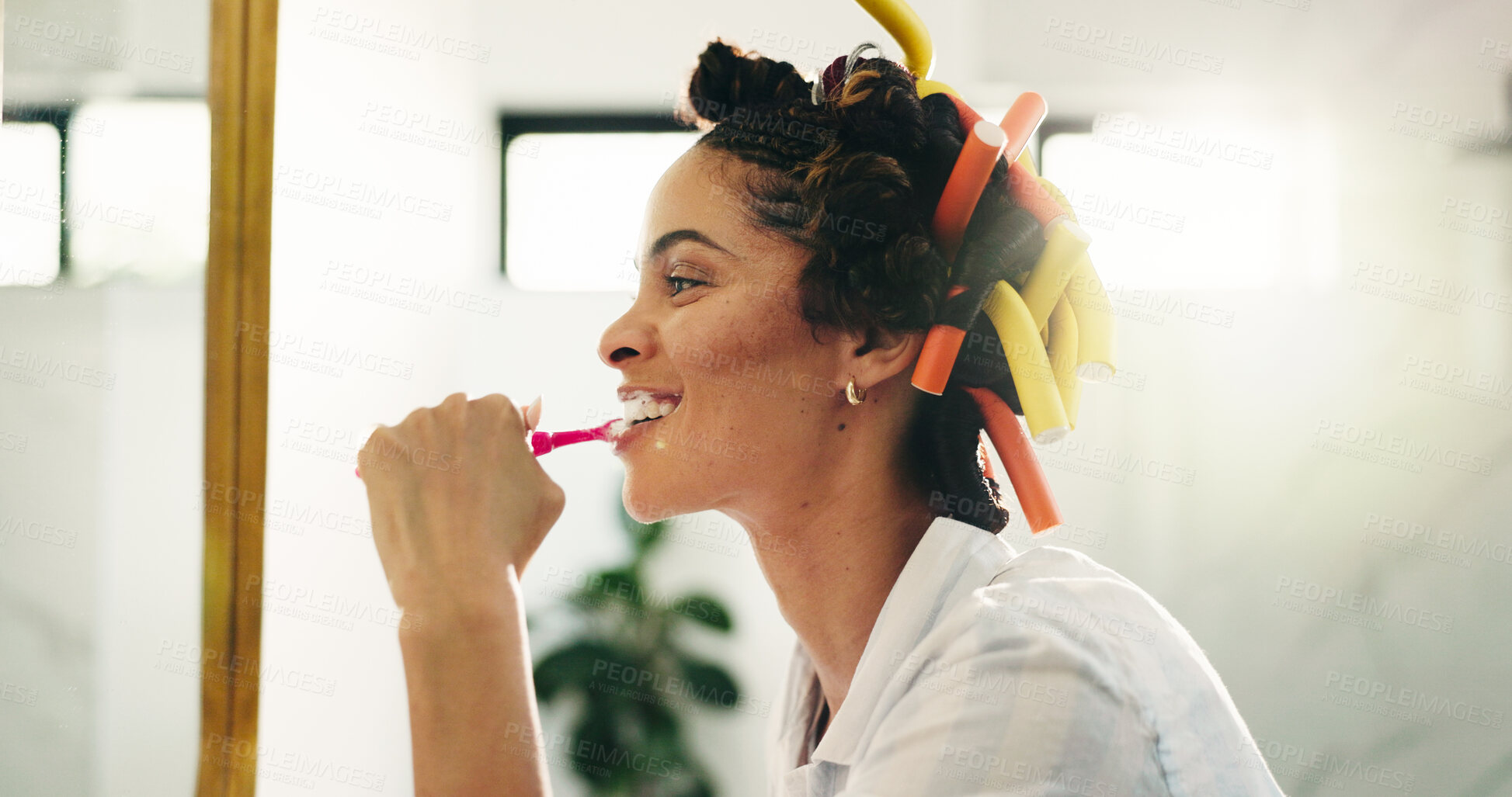 Buy stock photo Dental wellness, brushing teeth and happy woman with mirror for oral hygiene in home. Cleaning, reflection and person with toothbrush in bathroom for plaque removal, gum health and fresh breath