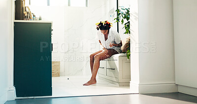 Buy stock photo Bathroom, skincare and woman with cosmetics, legs and getting ready with moisturizer or dermatology. Bodycare, self care and person with treatment for hydration, wellness and grooming in house