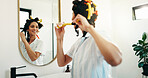 Happy, woman or hair curlers in mirror for getting ready, morning routine or hairstyle for volume. Beauty, reflection and girl in home with haircare, grooming or pinup curls for self care maintenance