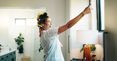 Buy stock photo Beauty, woman or selfie with curlers in bathroom for getting ready vlog, morning routine or haircare. Influencer, girl and photography in home for hairstyle makeover, social media post and self care