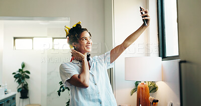 Buy stock photo Curlers, selfie and woman with smile, home and confidence with grooming routine. Heatless style, influencer and person with internet, getting ready or start day with hair care and content creation