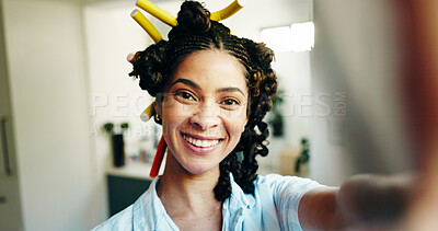 Buy stock photo Beauty, woman or selfie with curlers in home for getting ready vlog, morning routine or self care. Influencer, POV or picture in bathroom for hairstyle makeover, heatless curls portrait and haircare
