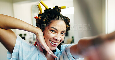 Buy stock photo Beauty, girl or selfie with curlers in home for getting ready vlog, morning routine and portrait. Influencer, POV or photography in bathroom for hairstyle makeover, heatless curls update and haircare