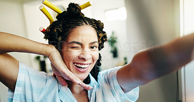 Buy stock photo Portrait, woman and haircare with selfie in bathroom of photography, styling hair and getting ready. Person, silly and curling rods for morning routine, social media post and makeover POV at house