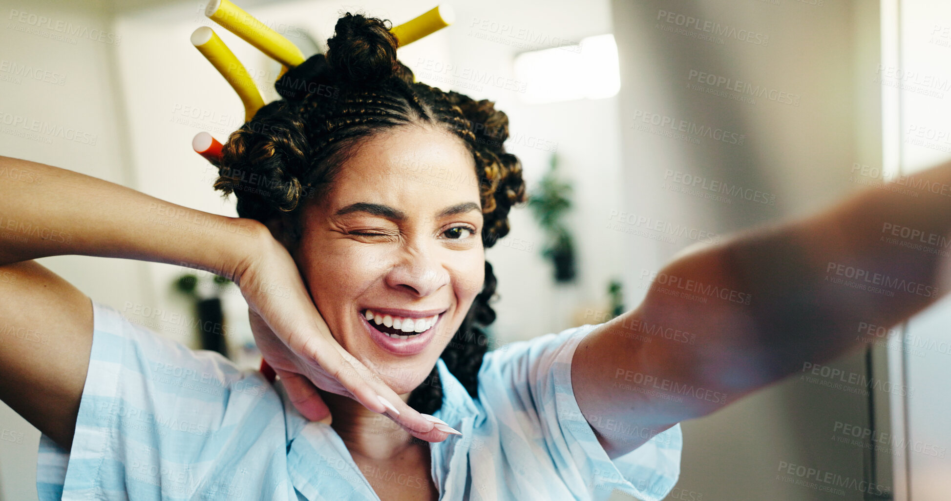 Buy stock photo Portrait, woman and haircare with selfie in bathroom of photography, styling hair and getting ready. Person, silly and curling rods for morning routine, social media post and makeover POV at house