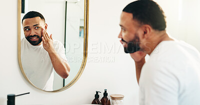 Buy stock photo Skincare, mirror and man with moisturizer for face, beauty or hygiene for morning routine. Reflection, home and happy person apply cosmetics for facial treatment, collagen or dermatology in bathroom