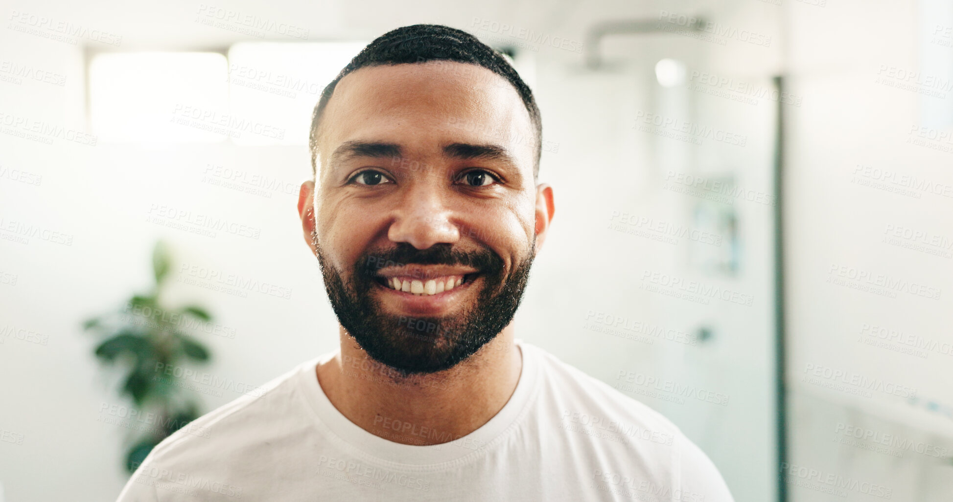 Buy stock photo Portrait, skincare or happy man in bathroom for beauty, wellness or morning routine. Dermatology, face or male person in home for natural aesthetic, grooming or confidence for beard care with hygiene
