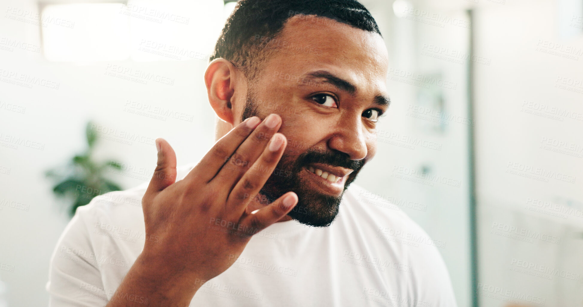 Buy stock photo Portrait, skincare and happy man in bathroom for moisturizer, beauty or morning routine. Cosmetics application, face or person in home for aesthetic, grooming or hydration for dermatology treatment