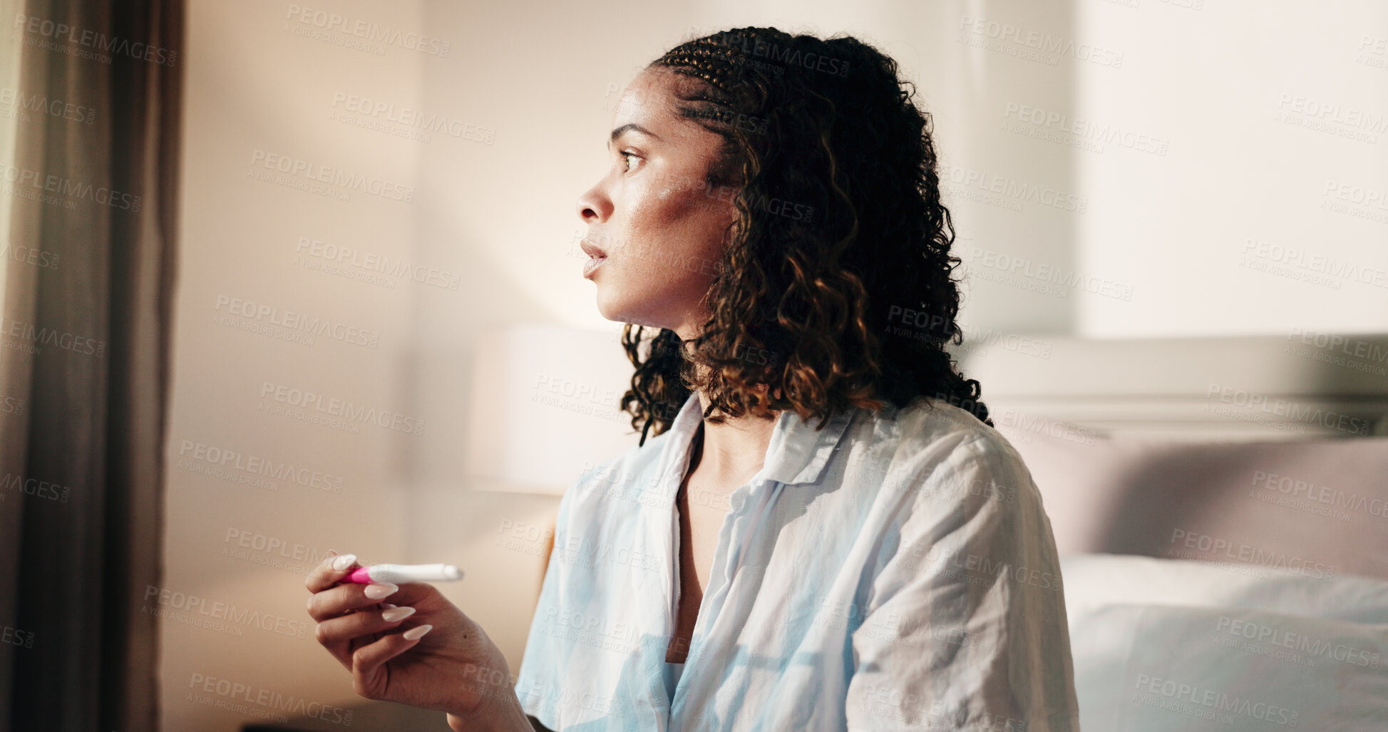 Buy stock photo Thinking, pregnancy test and woman in bedroom, stress and scared with anxiety, maternity and bad news. Motherhood, home and person with pressure, fertility stick or choice with mistake or nervous