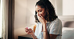 Home, pregnancy test and woman in bedroom, upset and concern with anxiety, maternity and nervous. Motherhood, apartment and person with pressure, fertility stick and scared with mistake or bad news