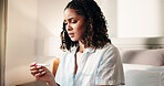 Home, pregnancy test and woman in bedroom, stress and concern with anxiety, maternity and bad news. Mother hood, apartment and person with pressure, fertility stick and scared with mistake or nervous