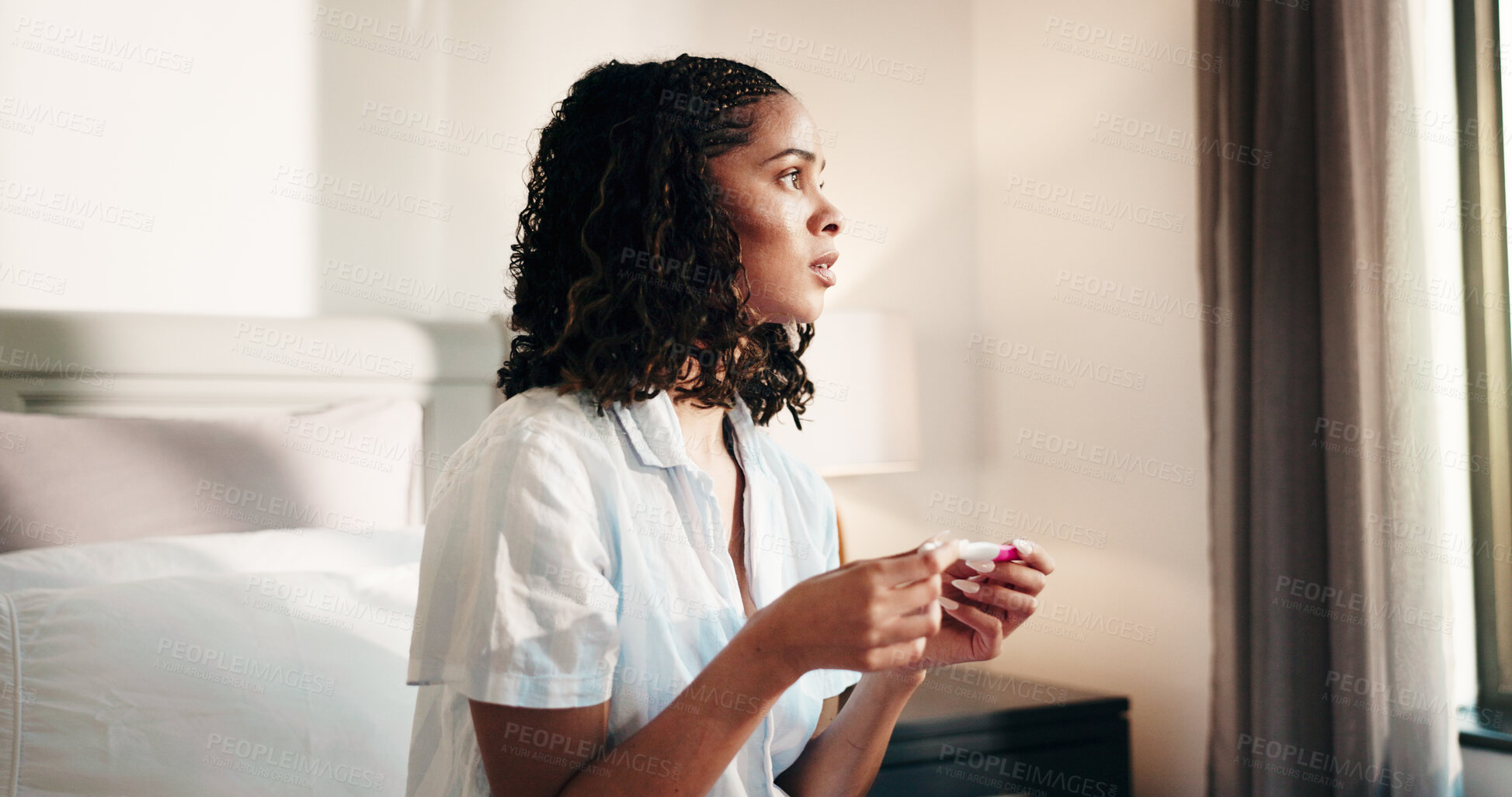 Buy stock photo Home, pregnancy test and woman in bedroom, thinking and concern with stress, maternity and bad news. Motherhood, choice and person with pressure, fertility stick and scared with mistake or decision