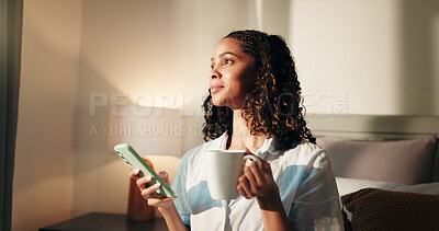 Buy stock photo Bedroom, thinking and woman with smartphone, coffee and comfort with social media, app and relax. Home, mobile user or person with cellphone, herbal tea and start day with connection or morning break