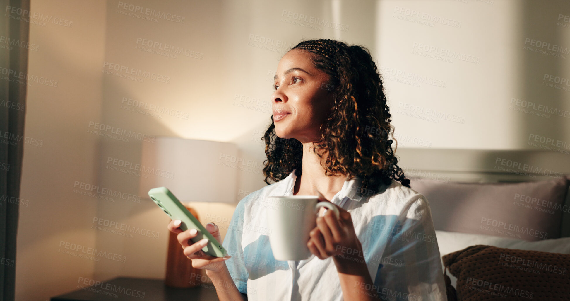 Buy stock photo Bedroom, thinking and woman with smartphone, coffee and comfort with social media, app and relax. Home, mobile user or person with cellphone, herbal tea and start day with connection or morning break