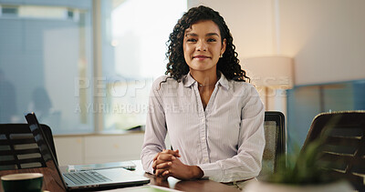 Buy stock photo Business woman, laptop and portrait in office for legal research, case preparation or drafting online will. Attorney,  female person and smile at law firm for court review, lawsuit or legislation