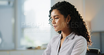 Buy stock photo Business woman, thinking and idea in office for legal research, case preparation or drafting will. Attorney, female person and brainstorming at law firm for court review, lawsuit or legislation space