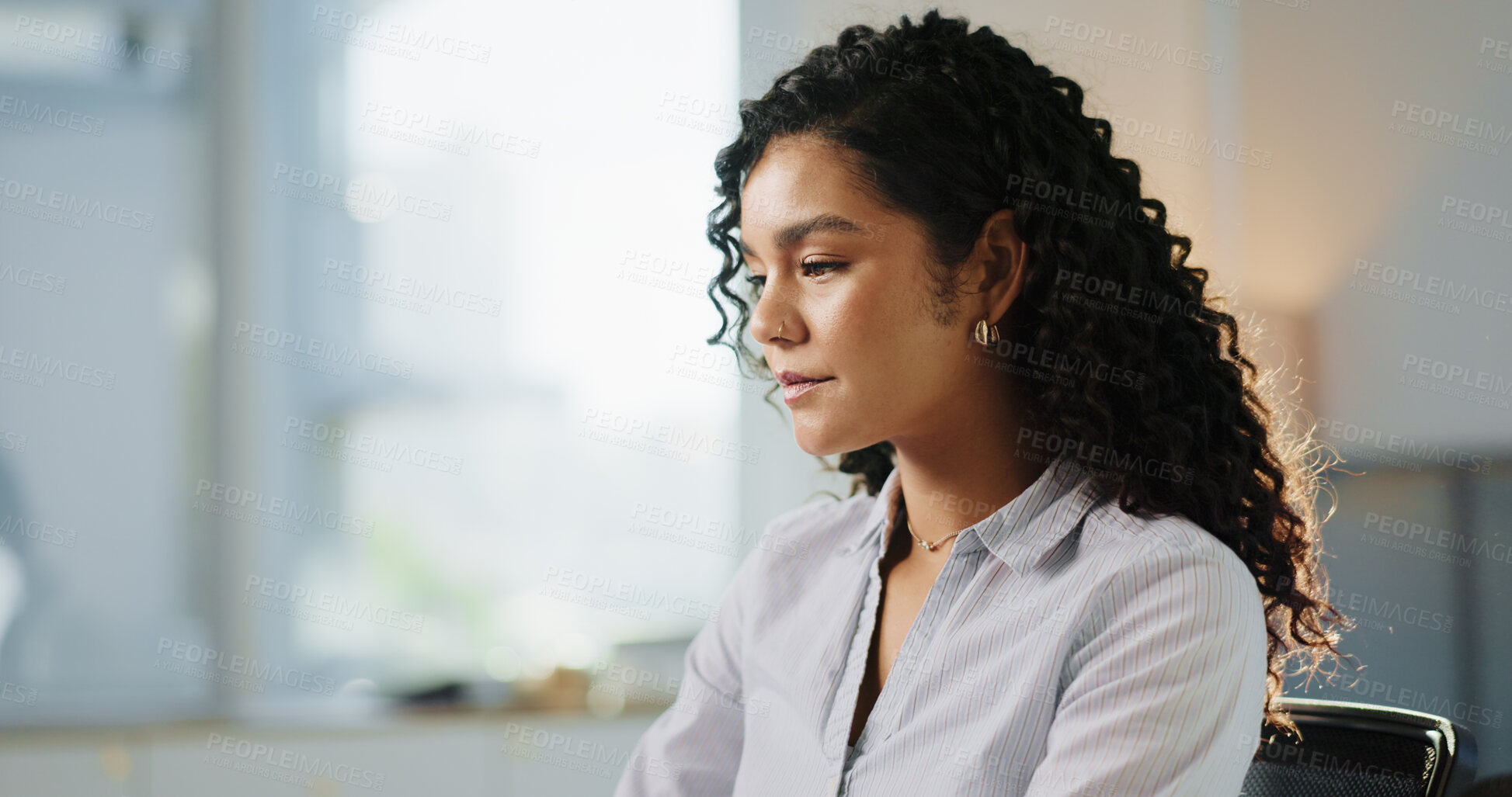 Buy stock photo Business woman, thinking and idea in office for legal research, case preparation or drafting will. Attorney, female person and brainstorming at law firm for court review, lawsuit or legislation space