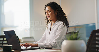 Buy stock photo Business, laptop and woman in office, online reading and email for audit results. Person, accountant and employee in workplace, PC and budget report with schedule, financial website and connection