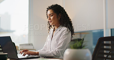 Buy stock photo Business, laptop and woman in office, connection and email for audit results, typing and financial website. Happy person, accountant or employee in workplace, PC or budget report with online schedule