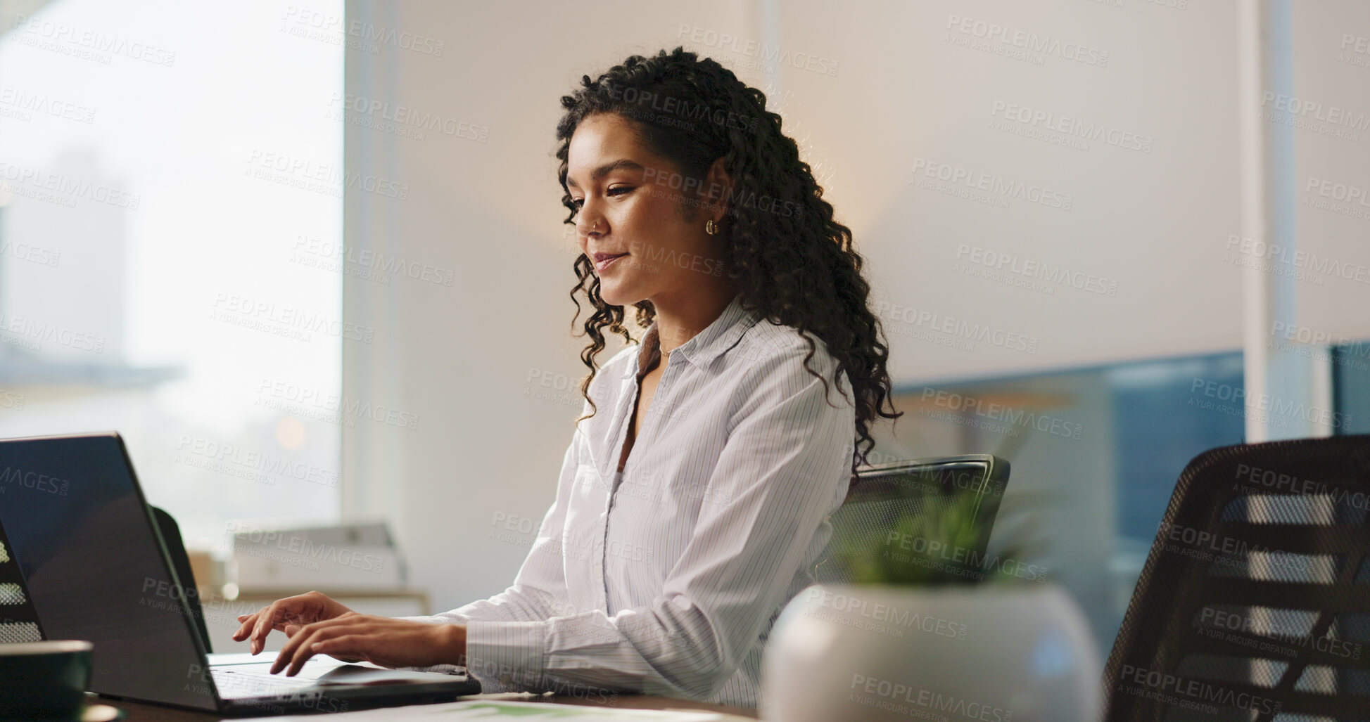 Buy stock photo Business, laptop and woman in office, connection and email for audit results, typing and financial website. Happy person, accountant or employee in workplace, PC or budget report with online schedule