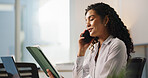 Business woman, talking and phone call with tablet for discussion or project proposal at office. Female person, accountant or financial advisor with technology for negotiation or advice at workplace