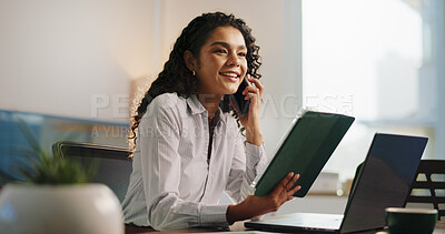 Buy stock photo Happy woman, talking and phone call with tablet for discussion or project proposal at office. Female person, accountant or financial advisor with smile on mobile smartphone for business negotiation