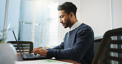 Buy stock photo Lawyer, laptop and thinking in office for typing, advocate and case research. Legal aid, consultant and online for opportunity with attorney person with law firm, agency and legislation or document