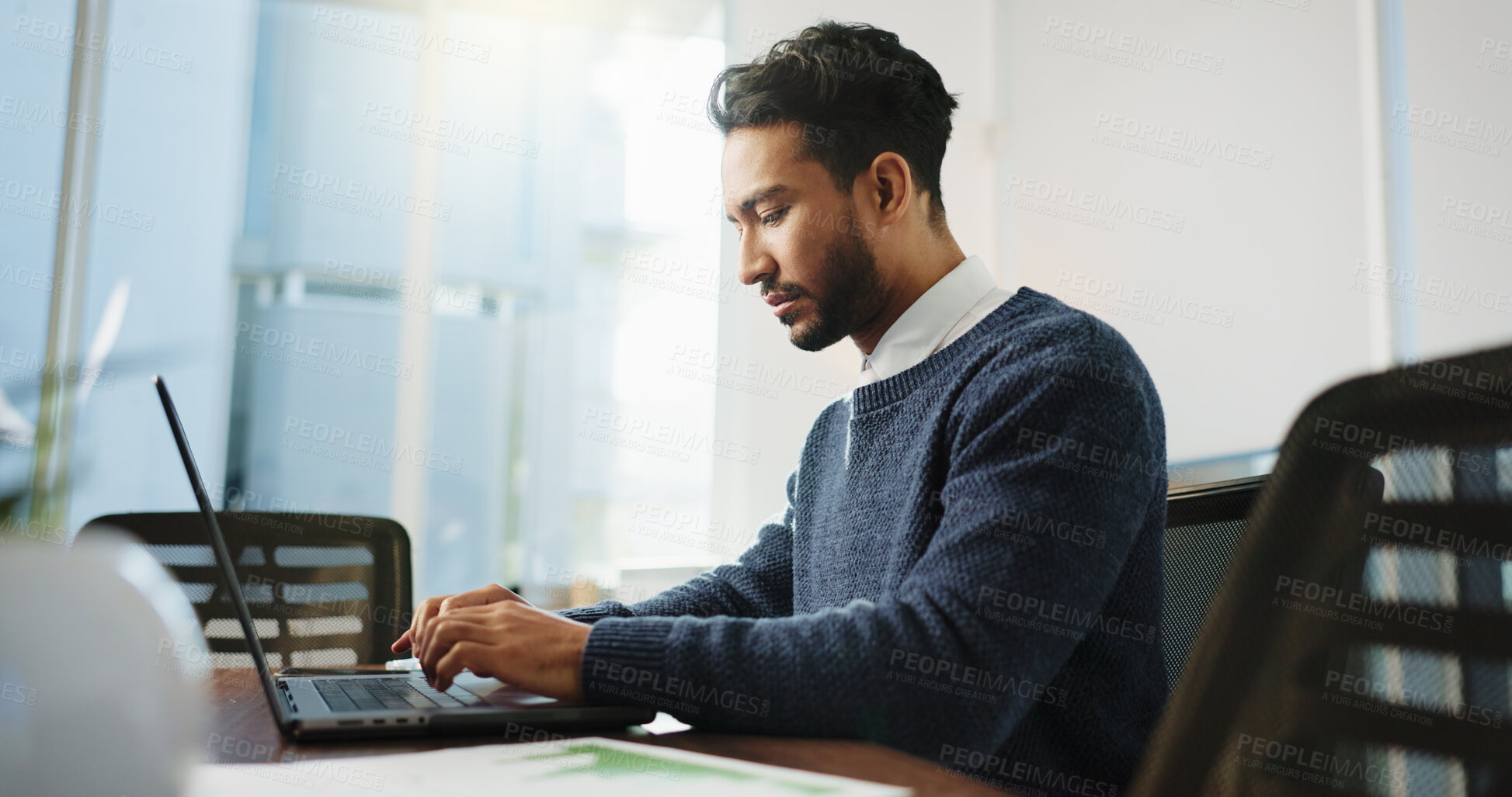 Buy stock photo Lawyer, laptop and thinking in office for typing, advocate and case research. Legal aid, consultant and online for opportunity with attorney person with law firm, agency and legislation or document